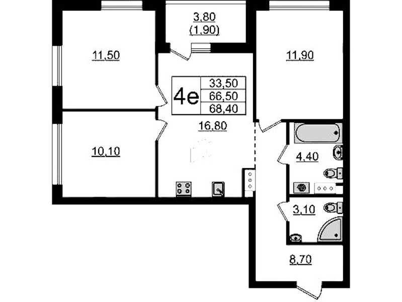 3-комнатная квартира 68.4 м², 8/9 эт., ЖК «А101 Лаголово»
